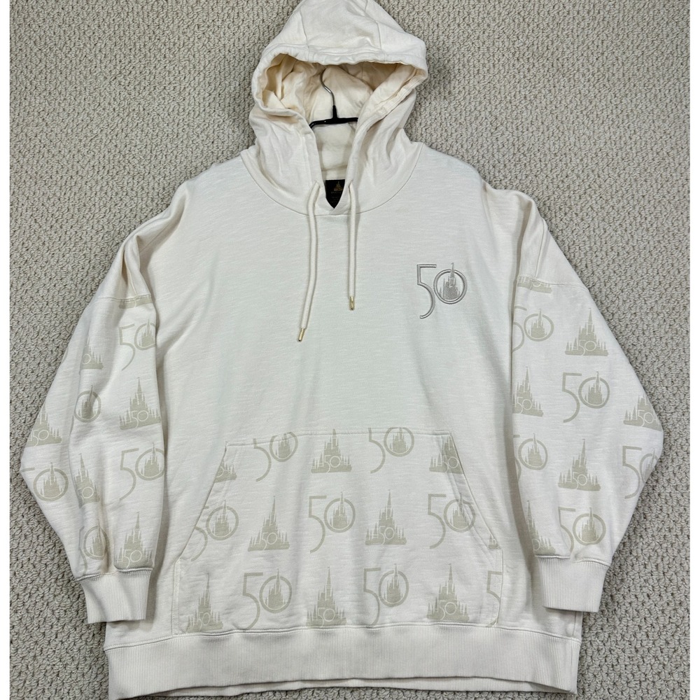 Walt Disney World 50th Anniversary Hoodie Mens XL Cream Castle Logo Hood Jacket
